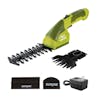 Sun Joe 2-in-1 Cordless Grass Shear and Hedger with two trimming attachments, blade covers, and charger.