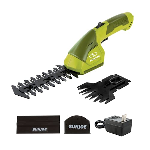 Sun Joe 2-in-1 Cordless Grass Shear and Hedger with two trimming attachments, blade covers, and charger.