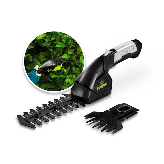 HJ604C Cordless Trimmer with inset image of Trimmer trimming hedges