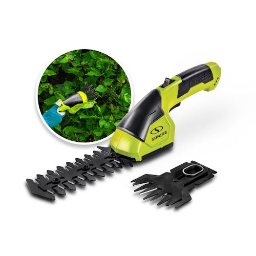 Sun Joe Grass Shear and Hedge Trimmer next to image of the product being used