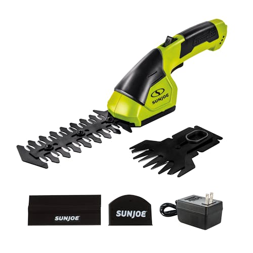 Sun Joe tool with a grass shear blade, hedge trimmer blade, 2 blade covers, and a charger.