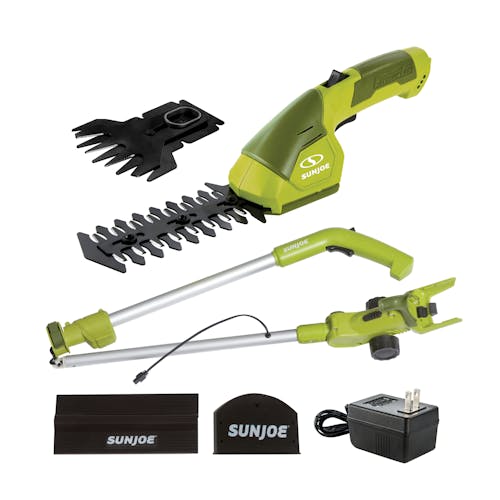 Sun Joe 7.2-volt Cordless Telescoping green Grass Shear and Hedge Trimmer with 2 blade sheaths, telescoping pole, and charger.