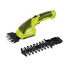 Head of the Sun Joe 7.2-volt Cordless Telescoping green Grass Shear and Hedge Trimmer with the shear attachment attached and the hedge attachment next to it.