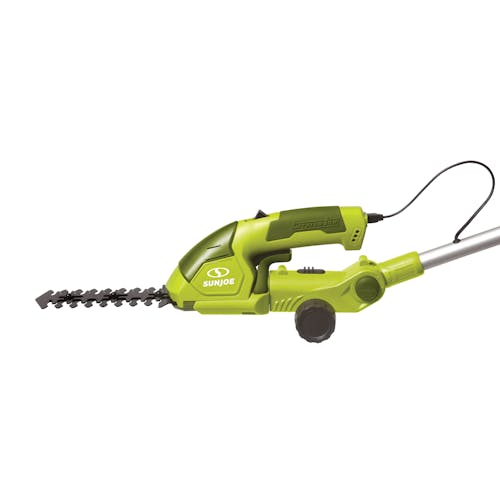 Side view of the Sun Joe 7.2-volt Cordless Telescoping green Grass Shear and Hedge Trimmer with the hedge attachment.