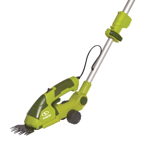 Side view of the Sun Joe 7.2-volt Cordless Telescoping green Grass Shear and Hedge Trimmer with the shear attachment.