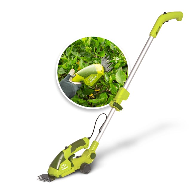 Sun Joe Cordless Telescoping grass shear and hedge trimmer with inset image of product in use