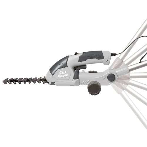 Side view of the Sun Joe 7.2-volt Cordless Telescoping gray Grass Shear and Hedge Trimmer with motion blur showing the pole angle adjustment.