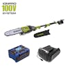 Sun Joe 100-volt 10-inch Cordless Modular Pole Chain Saw Kit with blade cover, 3.0-Ah battery and charger.