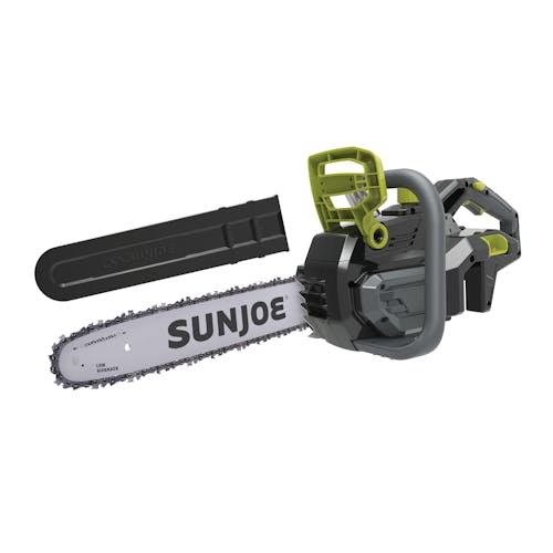 Sun Joe 100-volt 18-inch Cordless Brushless Handheld Chainsaw with blade cover.