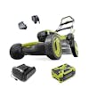 Sun Joe 100-Volt 21-inch cordless Lawn Mower with a 5.0-Ah battery, charger, and discharge chute.