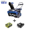 Snow Joe 100-volt 21-inch Cordless Brushless Variable Speed Single Stage Snow Blower Kit plus a 5.0-Ah battery and charger.