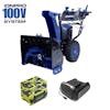 Snow Joe 100-volt 24-inch Cordless Dual-Stage Snow Blower with two 5.0-Ah batteries and a charger.