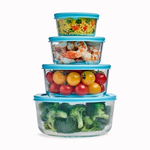 EatNeat 8-Piece Set of 4 Round Glass Storage Containers with lids filled with various foods.