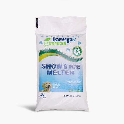 Front of the Keep I Green 20-pound ice melt bag.