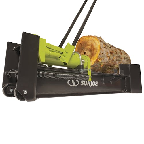 Sun Joe 10-ton Hydraulic Log Splitter with log on it.