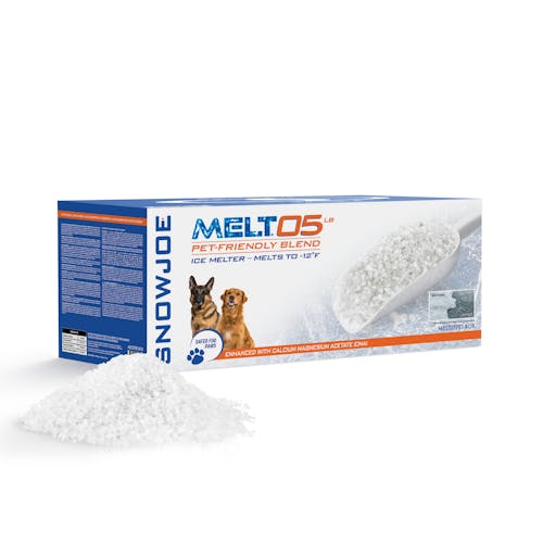 Snow Joe 5-pound box of Pet-Safer Premium Ice Melt with a pile of melt in front of the box.