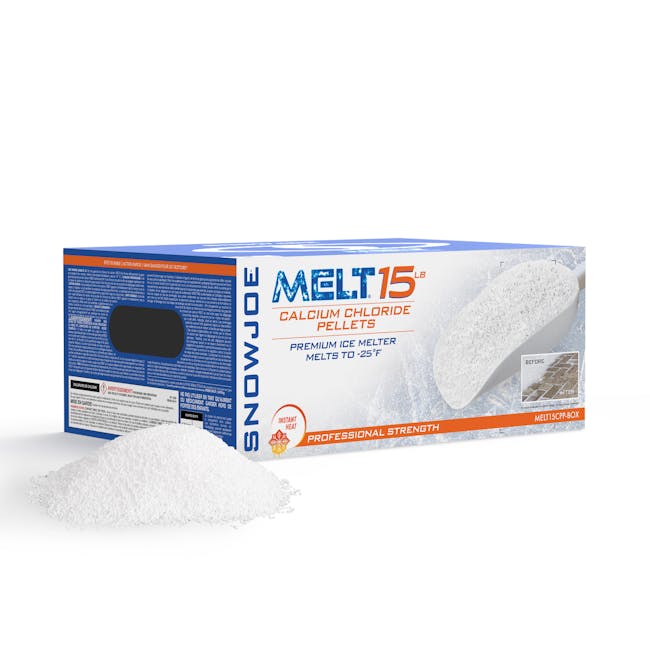 Snow Joe 15-pound box of Pure Calcium Chloride Ice Melt Pellets with a pile of the melt in front of the box.