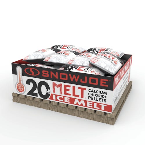Box filled with Snow Joe 20-pound bag of Pure Calcium Chloride Ice Melt Pellets on a pallet.