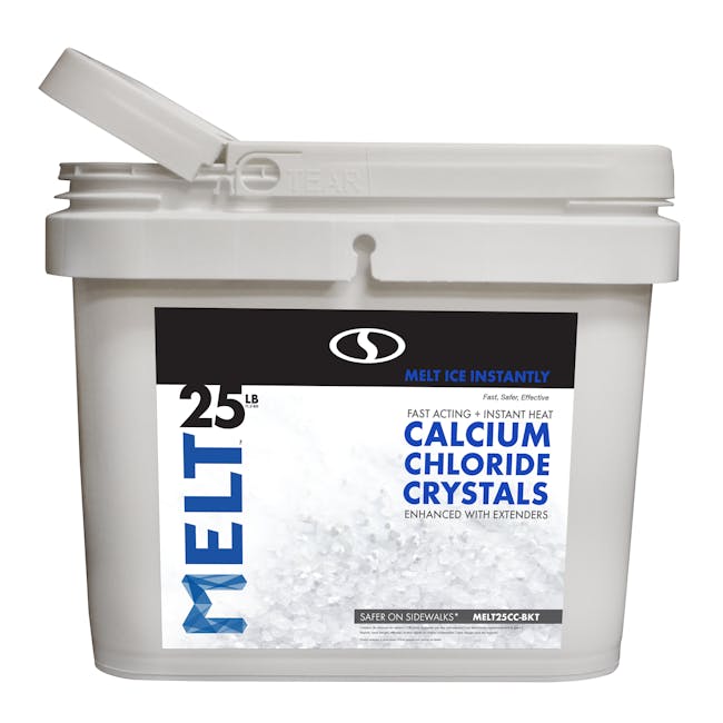 Snow Joe 25-pound bucket of Calcium Chloride Crystals Ice Melter.