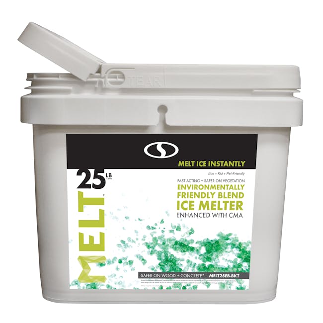Snow Joe 25-pound bucket of Premium Enviro Blend Ice Melter.