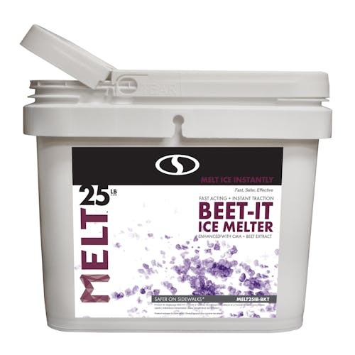 Snow Joe 25-pound bucket of Beet-It Ice Melter with beet extract.