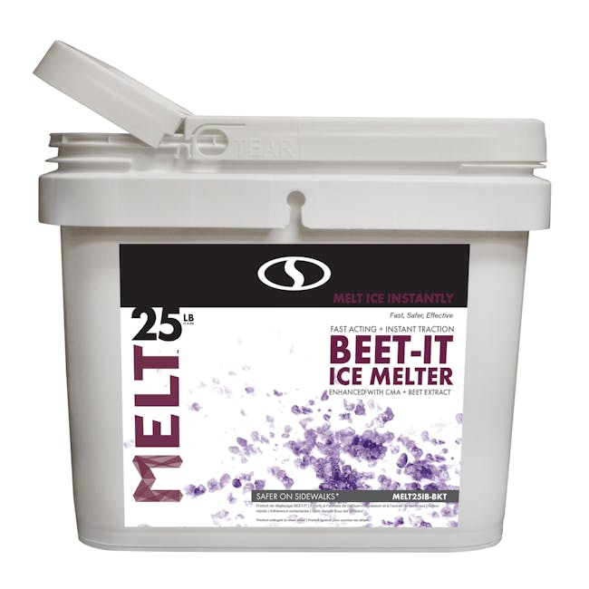 Snow Joe 25-pound bucket of Beet-It Ice Melter with beet extract.