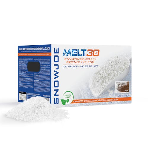 Snow Joe 30-pound box of Premium Enviro Blend Ice Melter with a pile of the melt in front of the box.