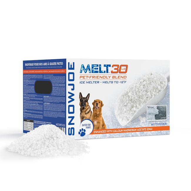 Snow Joe 30-pound box of Pet-Safer Premium Ice Melt with a pile of the melt in front of the box.