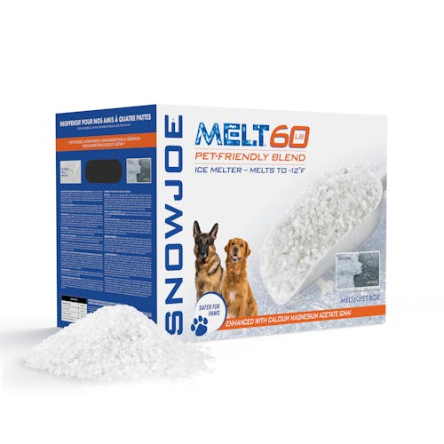 Snow Joe 60-pound box of Pet-Safer Premium Ice Melt with a pile of the melt in front of the box.