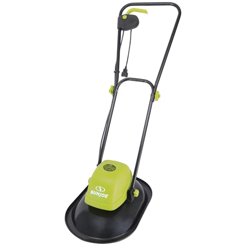 Right-angled view of the Sun Joe 10-amp 11-inch Electric Hover Lawn Mower.