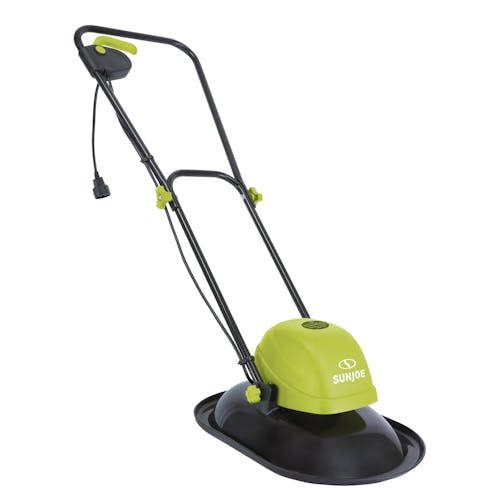 Left-angled view of the Sun Joe 10-amp 11-inch Electric Hover Lawn Mower.