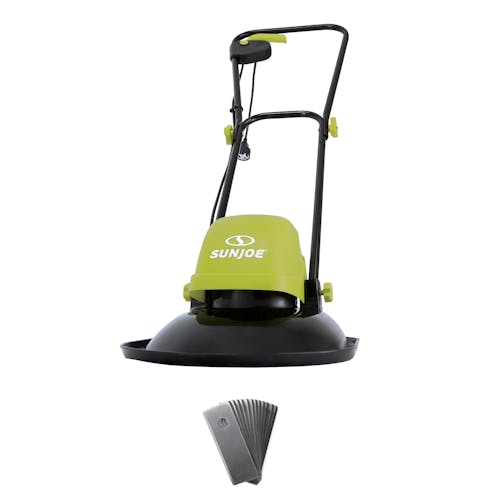 Sun Joe 10-amp 11-inch Electric Hover Lawn Mower with blades.