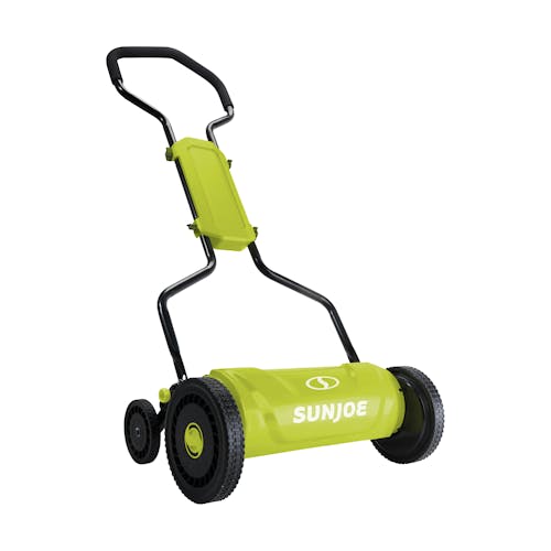 Left-angled view of the Sun Joe 18-inch Silent Push Reel Lawn Mower.