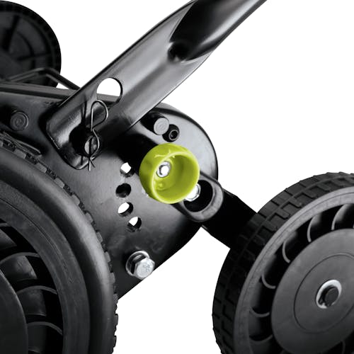 Close-up of the height adjustment lever on the Sun Joe 18-inch Silent Push Reel Lawn Mower.