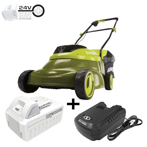 Sun Joe 24-Volt Cordless 14-inch Lawn Mower plus a 5.0-Ah lithium-ion battery and quick charger.