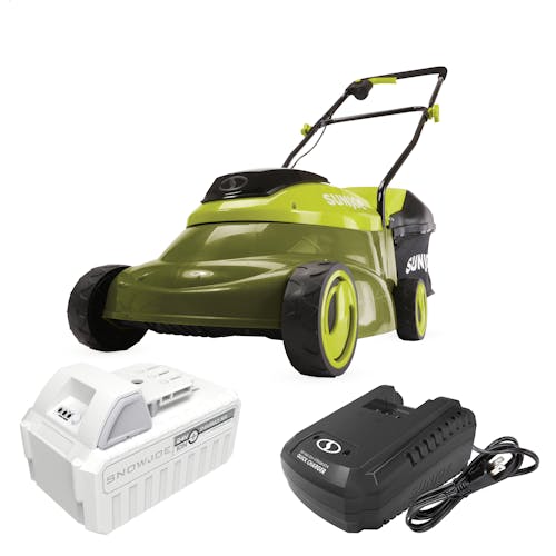 Sun Joe 24-Volt Cordless 14-inch Lawn Mower with a 5.0-Ah lithium-ion battery and quick charger.