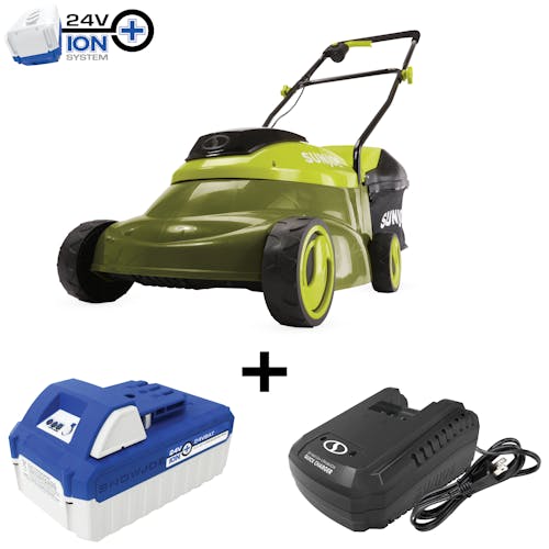 Sun Joe 24-Volt Cordless 14-inch Lawn Mower plus a 4.0-Ah lithium-ion battery and quick charger.