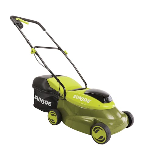 Angled view of the Sun Joe 24-Volt Cordless 14-inch Lawn Mower.