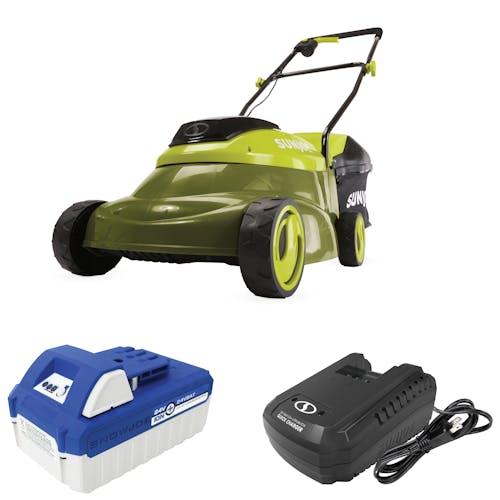 Sun Joe 24-Volt Cordless 14-inch Lawn Mower with 4.0-Ah lithium-ion battery and quick charger.