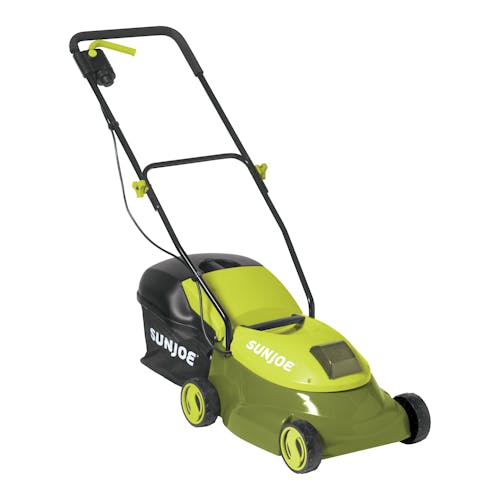 Left-angled view of the Sun Joe 28-volt 4-amp 14-inch Cordless Lawn Mower.