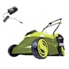 Sun Joe 28-volt 4-amp 14-inch Cordless Lawn Mower with charger.