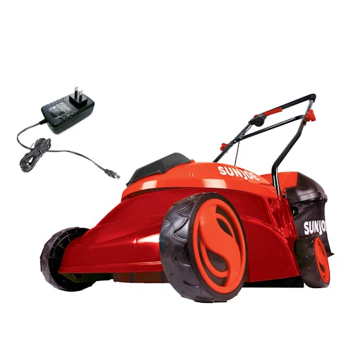 Sun Joe 28-volt 5-amp 14-inch Brushless Cordless red Lawn Mower with charger.
