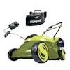 Sun Joe 28-volt 5-amp 14-inch Brushless Cordless Lawn Mower with discharge chute and charger.