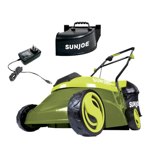 Sun Joe 28-volt 5-amp 14-inch Brushless Cordless Lawn Mower with discharge chute and charger.