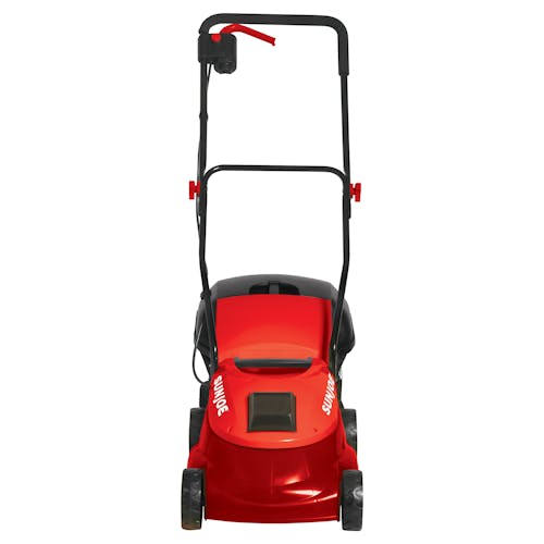 Front view of the Sun Joe 28-volt 5-amp 14-inch Brushless Cordless red Lawn Mower.
