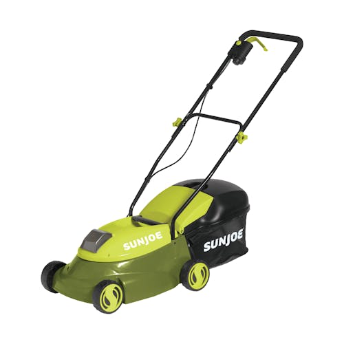 Right-angled view of the Sun Joe 28-volt 5-amp 14-inch Brushless Cordless Lawn Mower.