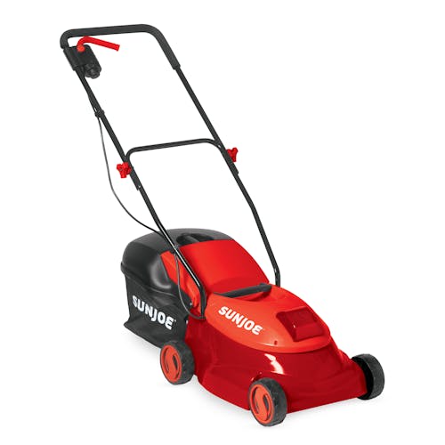 Angled view of the Sun Joe 28-volt 5-amp 14-inch Brushless Cordless red Lawn Mower.