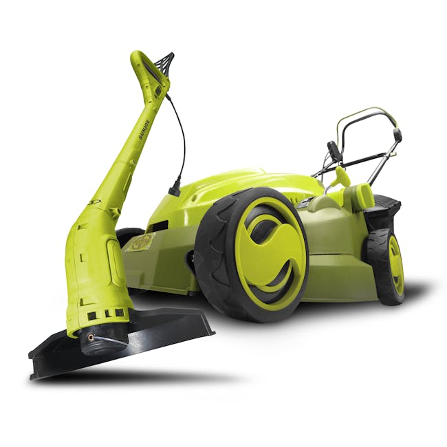 Sun Joe 12-amp 16-inch Electric Lawn Mower with a 10-inch Electric String Grass Trimmer.