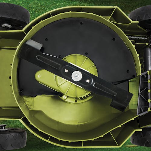 Underside view of the Sun Joe 12-amp 16-inch Electric Lawn Mower.