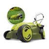 mj402E electric lawn mower with inset image of product in use